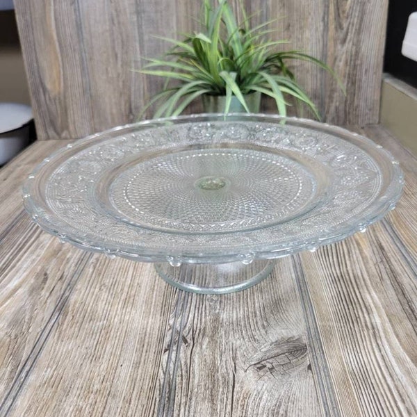 Vintage Cake Stand, Trellis Sandwich Glass, Clear Round Pedestal Stand