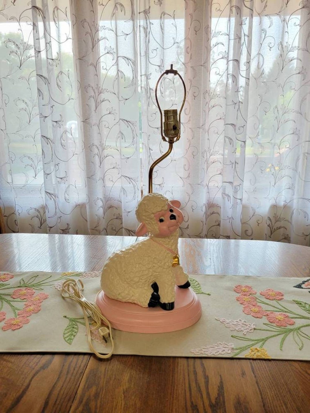 Vintage Nursery Lamp, Hand Painted Lamb, Pink & White Accent Light