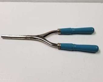 Vintage Hair Tongs, Blue Wood Handle Hair tongs, Curling Iron Metal Barrel