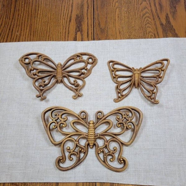 3 Vintage Homco Butterflies, Brown Syroco Wall Hangings, Home Interior