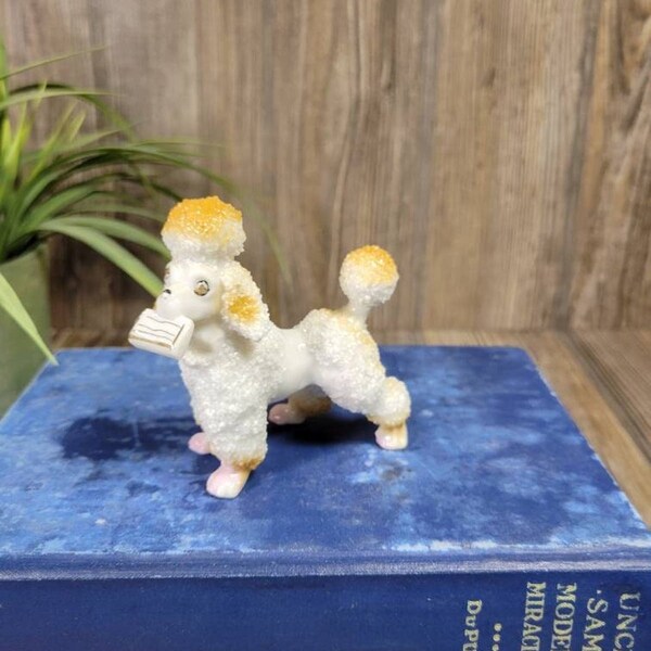 Vintage Poodle Figurine, White & Gold Spaghetti, Carrying Purse