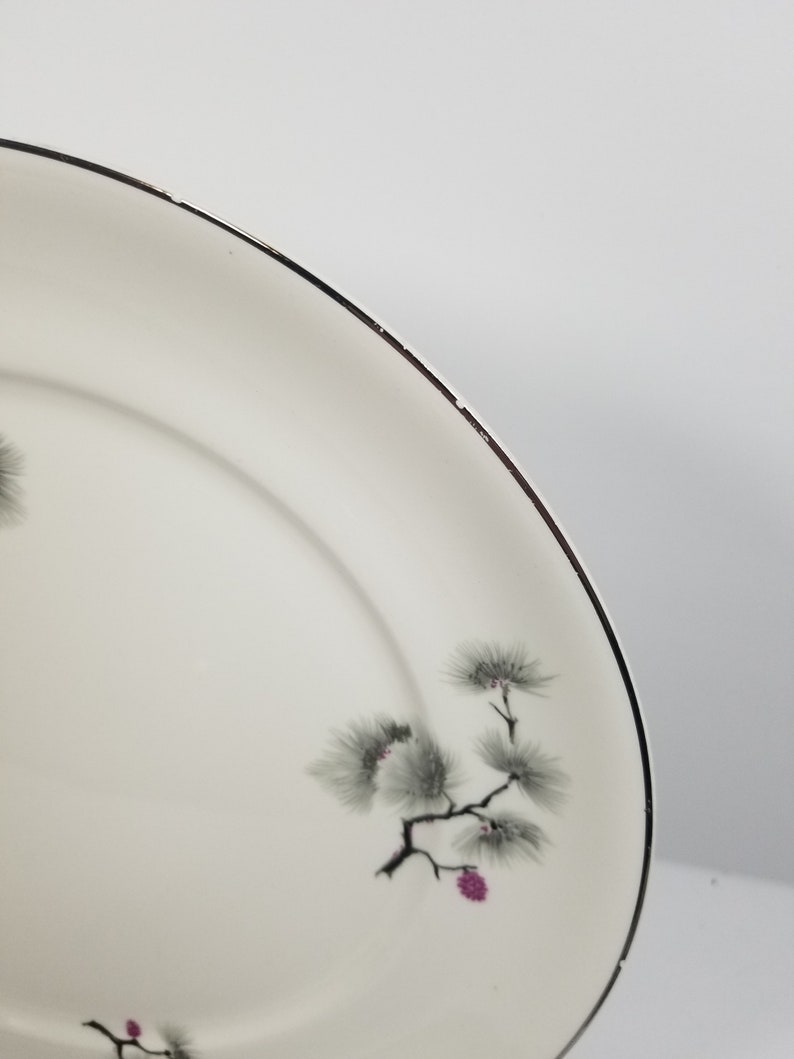 set of 2 Maroon Pine Cone Dinner Plates Vintage Silver Pine China Pope Gosser