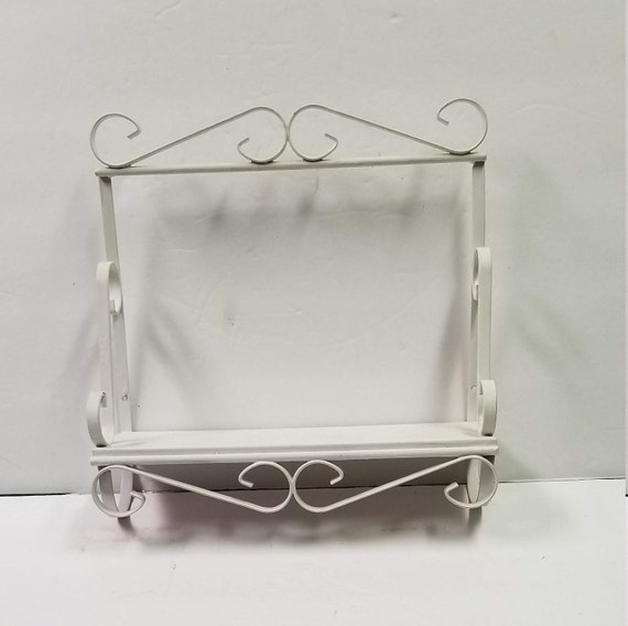 Vintage White Wall Shelf Metal Scroll Design Knick Knack Curio Hanging Shabby Chic
