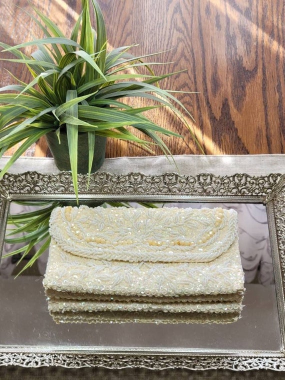 Vintage Beaded Clutch Purse, Off White Sequin Even