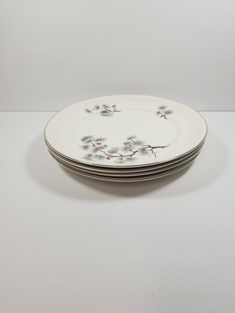 set of 2 Maroon Pine Cone Dinner Plates Vintage Silver Pine China Pope Gosser
