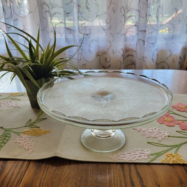 Vintage Jeannette Harp, Cake Stand, Pedestal Plate, Glass Clear Serving