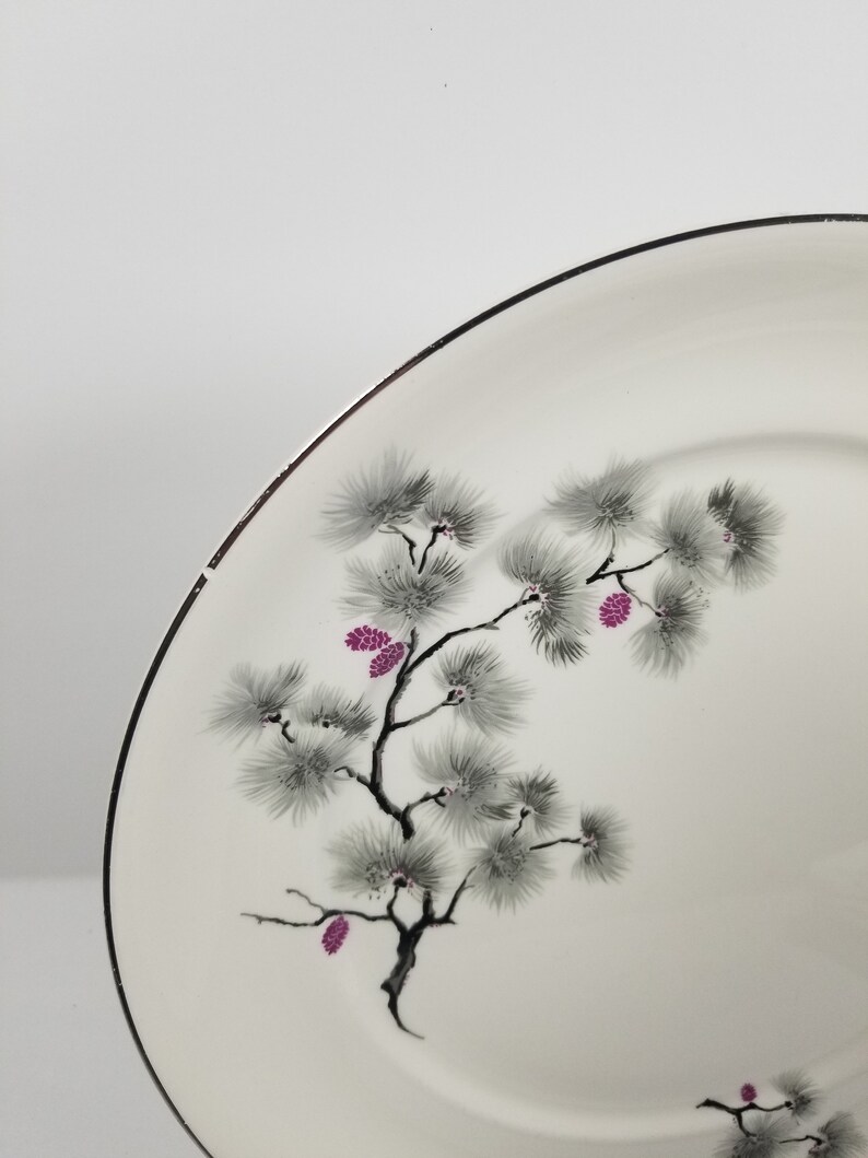 set of 2 Maroon Pine Cone Dinner Plates Vintage Silver Pine China Pope Gosser