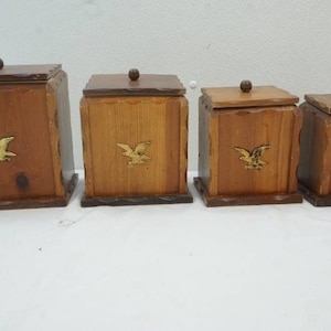 4 Vintage Wooden Eagle Canisters, Wood Lid, Plastic Liner, Colonial Style