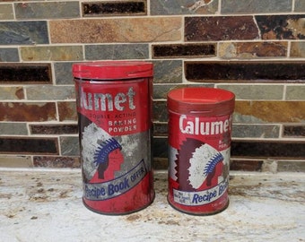 2 Vintage Calumet Baking Powder Tins, Kitchen Advertising, Primitive Farmhouse