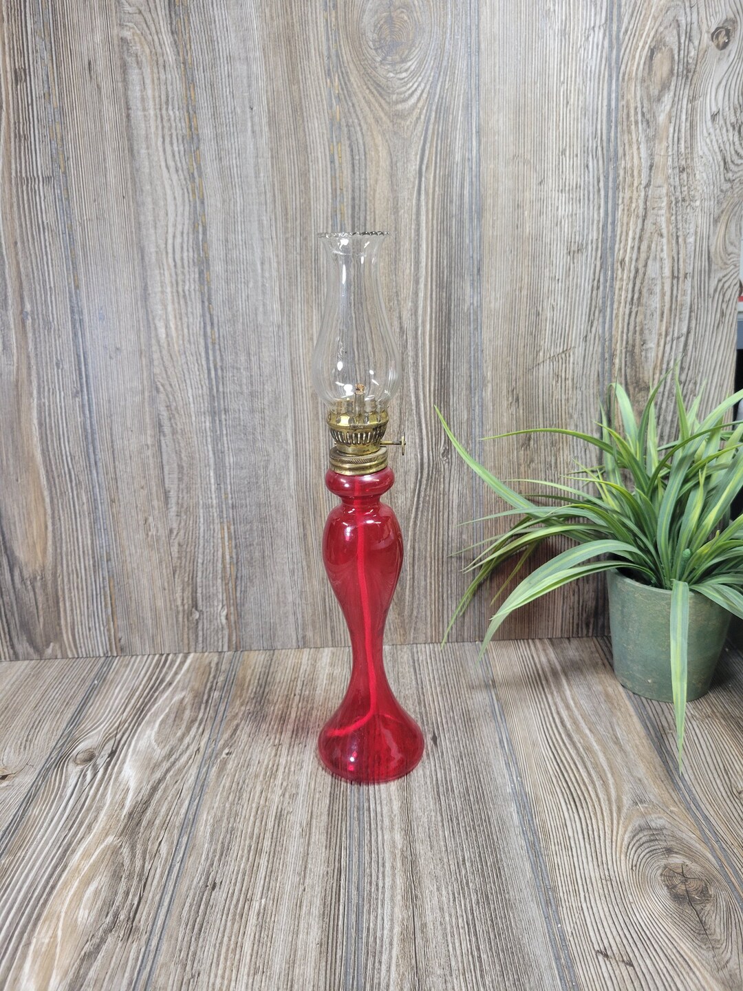 Vintage Red Oil Lamp 13 Tall Round Wick Chimney Etsy