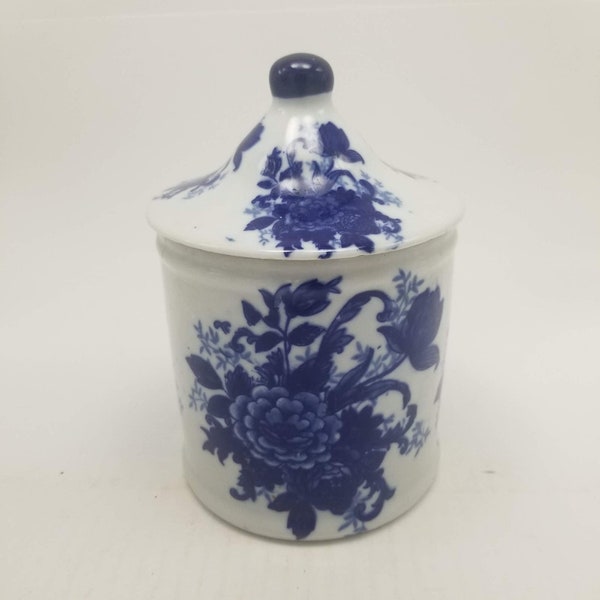 Vintage Delft Style Canister Biscuit Jar, Floral Blue White Transferware