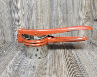 Vintage Red Handle Potato Ricer Lefse Utensil, Handy Things USA, Metal Masher