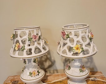 2 Vintage Capodimonte Lamps Signed Mario Moretto, White Porcelain Shades