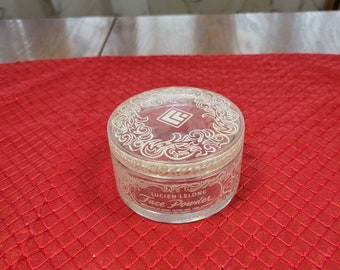 Vintage  Lucien Lelong Powder Jar, Glass Clear & White Scrolling With Lid