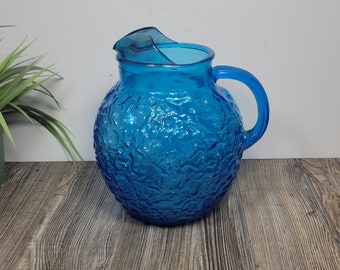 Vintage Pitcher Milano Lido Electric Blue Anchor Hocking Crinkle Glass