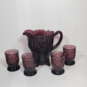 Vintage Mosser Dahlia Amethyst Purple Footed Pitcher & Tumblers