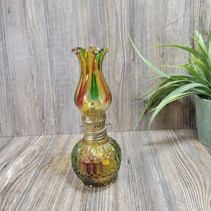 Vintage Oil Lamp, Miniature Rainbow Glass 8&quot; Kerosene Lantern, Made in Hong Kong