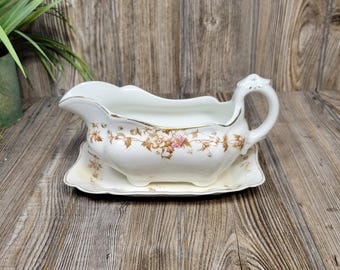 Antique Henry Alcock Gravy Boat Under Plate, Brown Transferware, Semi-Porcelain