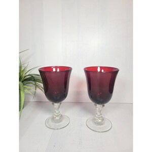 Vintage Ruby Red Water Goblets Clear Ball Stem Glass Wine Glasses Set of 2 MCM