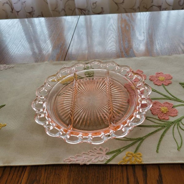 Vintage Pink Depression Glass, 3 Part Relish, Old Colony Lace Edge Divided Plate, 10-1/2"