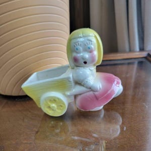 Vintage Girl Cart Planter, Sweet Succulent Holder, Cottagecore Candy Dish
