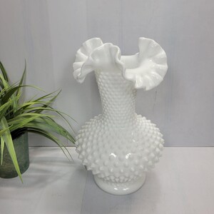 Vintage Fenton Hobnail Milk Glass Vase, Large Ruffled Crimped 