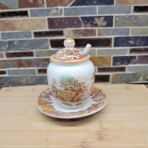 Vintage Nasco Mountain Woodland Jam Jelly Jar Condiment Pot Lid Spoon Underplate