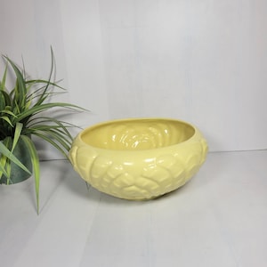 May include: A pale yellow ceramic bowl with a textured, floral-like pattern around the exterior. The bowl has a wide, open top and is likely used for decorative purposes or as a planter. The bowl is sitting on a white surface.