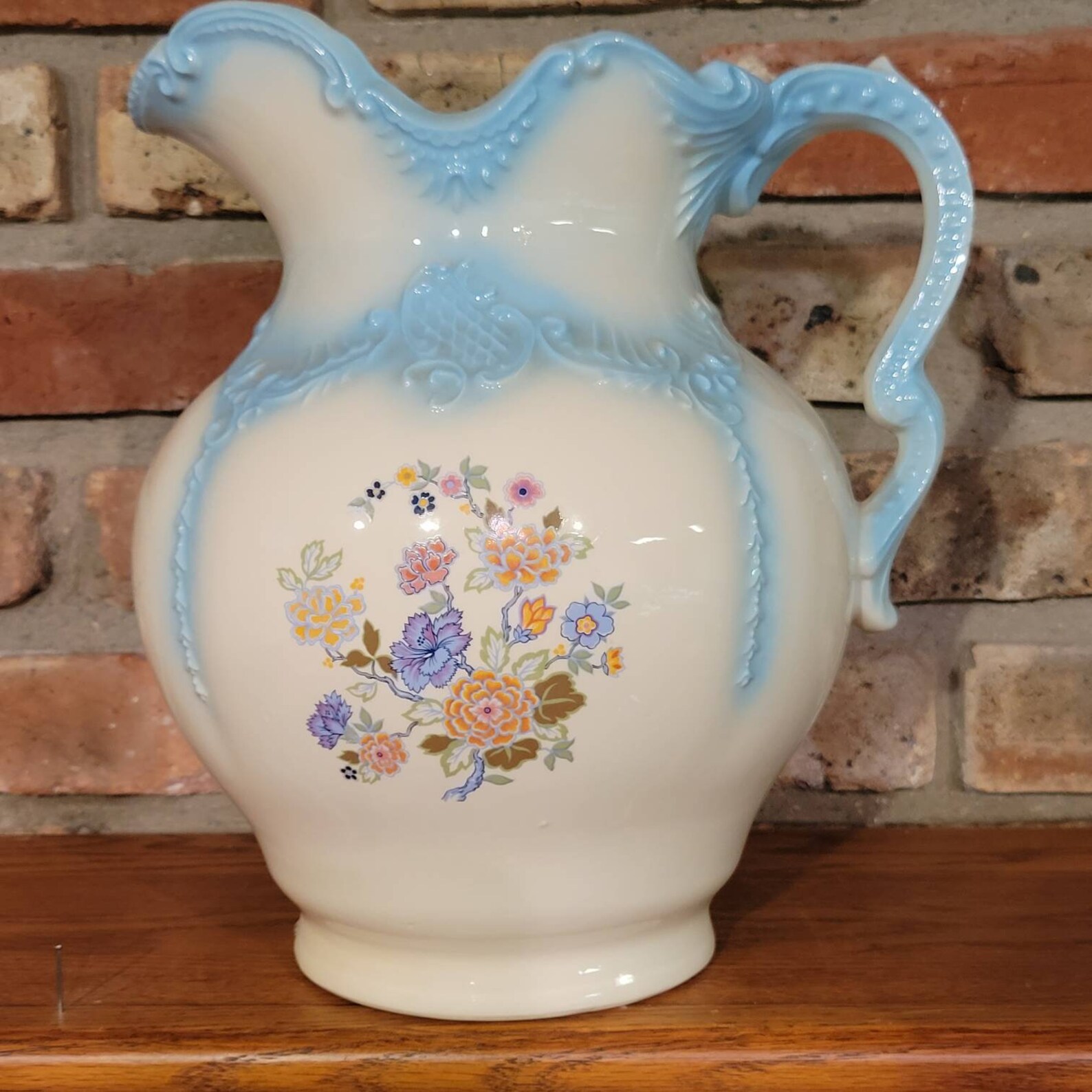 Vintage Pitcher and Bowl Blue White Large Ceramic Floral Etsy