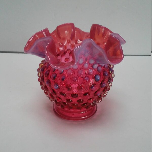 Vintage Fenton Glass, Hobnail Cranberry, Opalescent Ruffled, Vase Rose Bowl, Unmarked 4-1/4 High