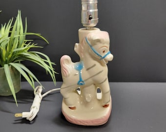 Vintage Pony Ceramic Lamp, Pink & Blue Horse Nursery Decor MCM