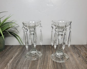 2 Vintage Candle Holders, Crystal Prisms, Press glass, Shabby Chic, Cottage Decor