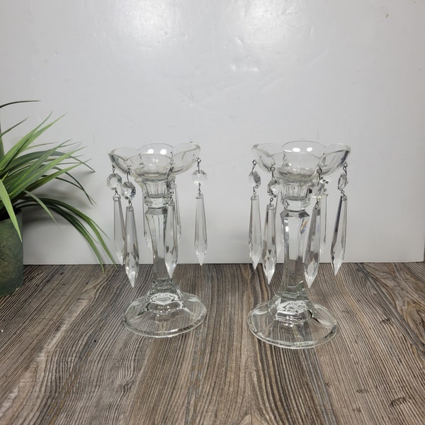 2 Vintage Candle Holders, Crystal Prisms, Press glass, Shabby Chic, Cottage Decor