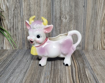 Vintage Cow Bull Creamer White & Purple, Yellow Bell