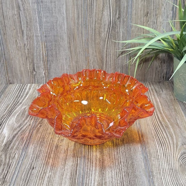 Vintage Fenton Orange Colonial Thumbprint Bowl, 8" Ruffled Glass