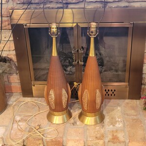 Vintage Mid Century Table Lamps, Ceramic Teak Style