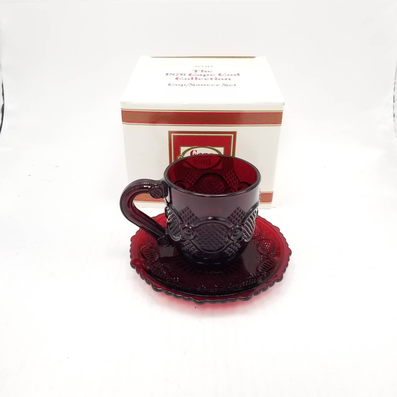 ONE VINTAGE AVON CAPE COD RUBY RED SERVING CUP AND SAUCER SET Brand New in Box 