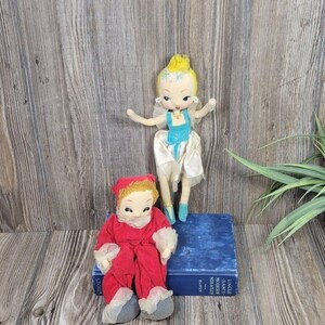 2 Retro Stockinette Posable Dolls, Ballerina Christmas Elf 1960s Vintage Decor