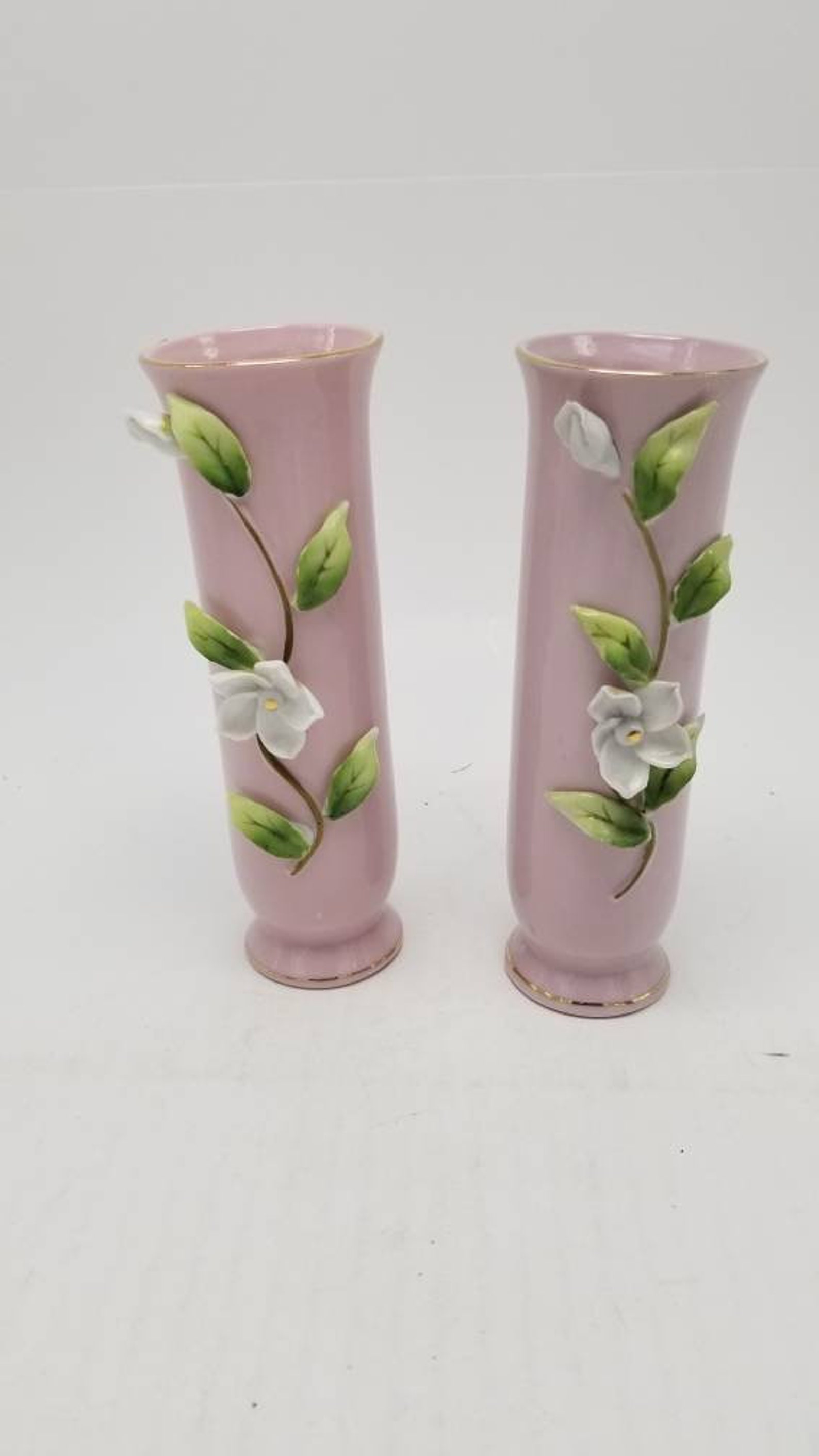 Vintage Bud Vases 2 Lefton Pink Leaf Floral Hand Painted Etsy