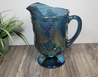Vintage Colony Harvest Blue Carnival Glass Water Pitcher Footed 64 Oz