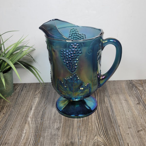 Vintage Colony Harvest Blue Carnival Glass Water Pitcher Footed 64 Oz