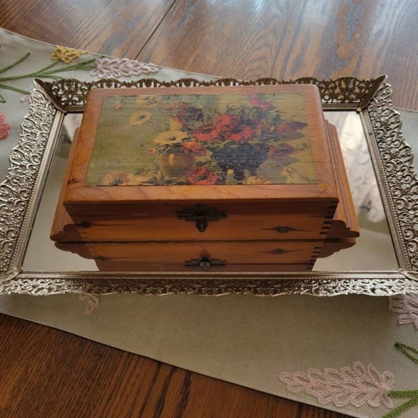 Vintage Jewelry Box, Wood Decoupage, Floral Picture, Hinged Dovetailed