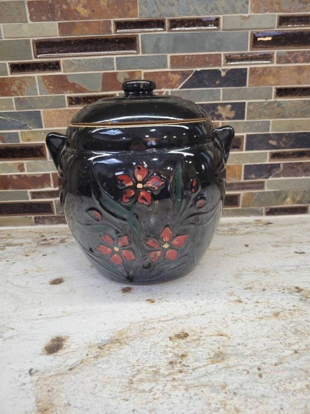 Vintage Crock Cookie Jar Bean Pot & Lid Cold Paint Floral Etsy