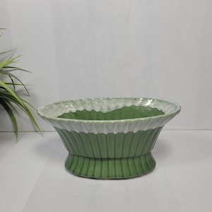 May include: A green ceramic planter with a white, scalloped rim. The planter has a pedestal base and vertical ribbed detailing. The interior is a darker shade of green. The planter is likely for indoor or outdoor use.