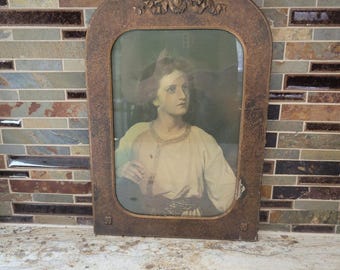 Vintage Young Jesus Print, Art Deco Arched Cathedral Frame, Damaged Print