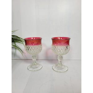 2 Vintage Indiana Glass Wine Glasses, Diamond Point, Ruby Flashing