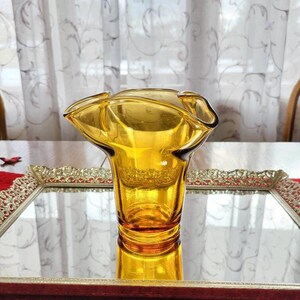 Vintage Amber Handkerchief Vase, Art Glass Mid Century Modern