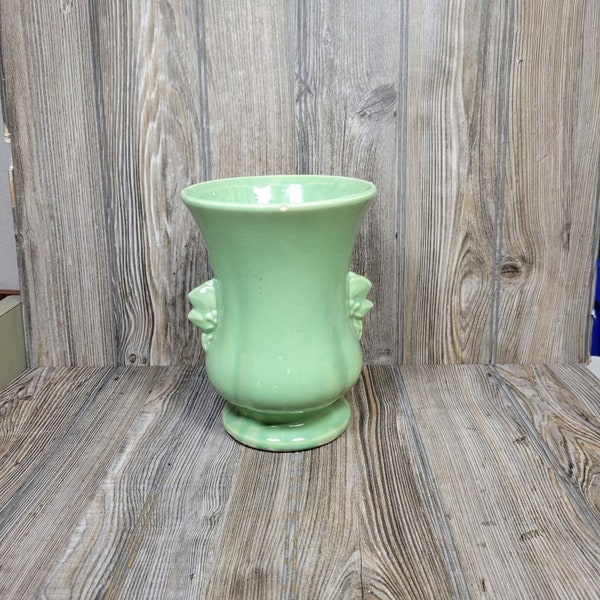 Vintage McCoy Pottery Green Vase, Leaf Berry, Double Handle, UnMarked, 8-1/4"