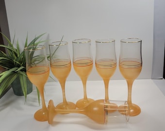 6 Frosted Orange Champagne Flutes, Stemmed Wine Glasses, Gold Trim
