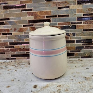 Vintage McCoy Canister 133, Large Jar, Pink Blue Stripes, Stonecraft Storage
